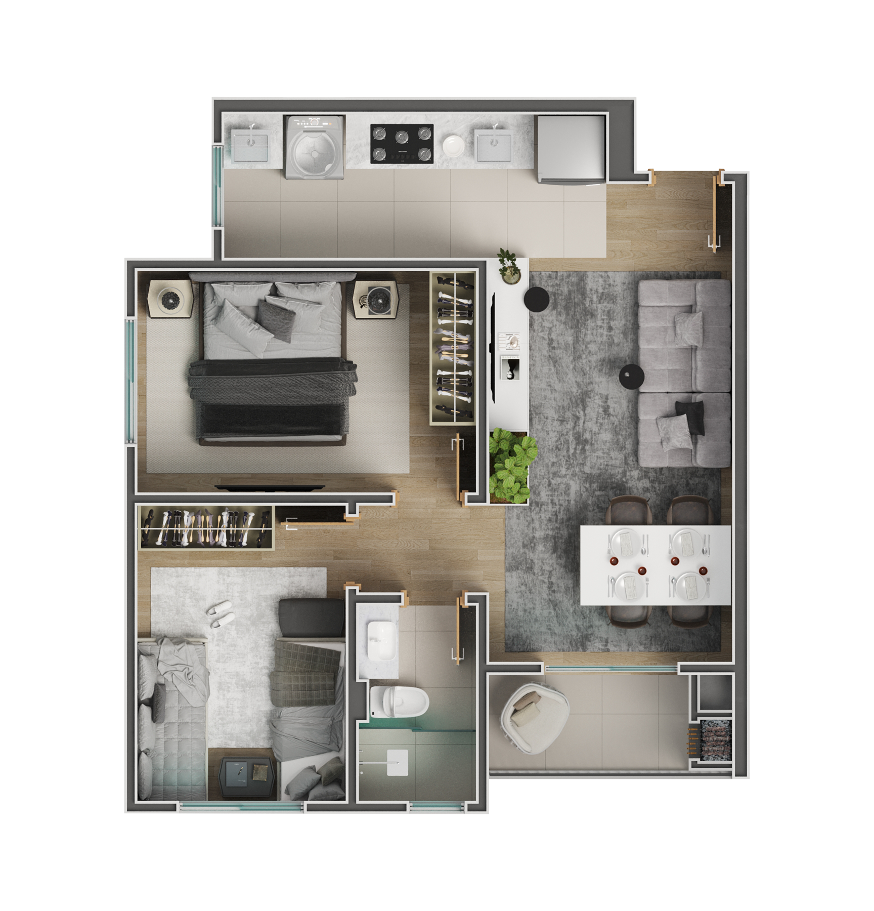Planta dos apartamentos de ponta — finais 1, 4, 5 e 8