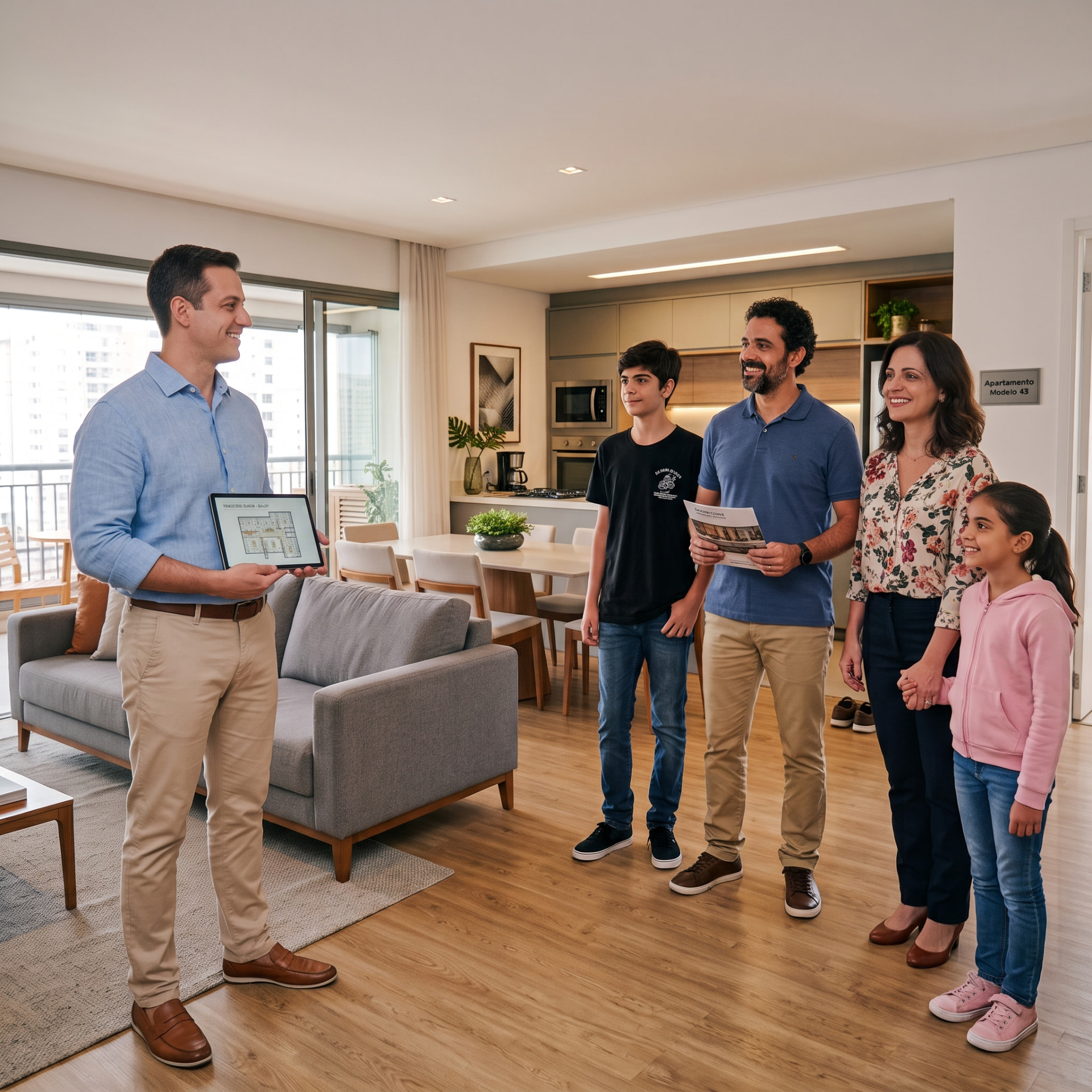 Corretor apresenta a planta de um apartamento para uma família